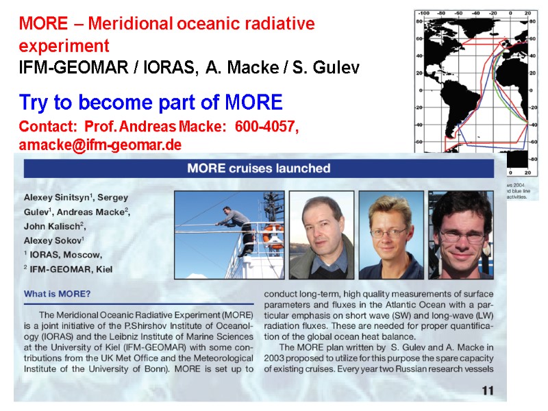 MORE – Meridional oceanic radiative  experiment IFM-GEOMAR / IORAS, A. Macke / S.